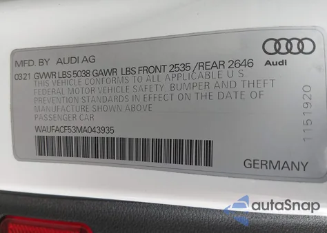 2021 Audi A5 Sportback Premium Plus 45 Tfsi Quattro S Tronic z USA, uszkodzony, nr VIN WAUFACF53MA043935